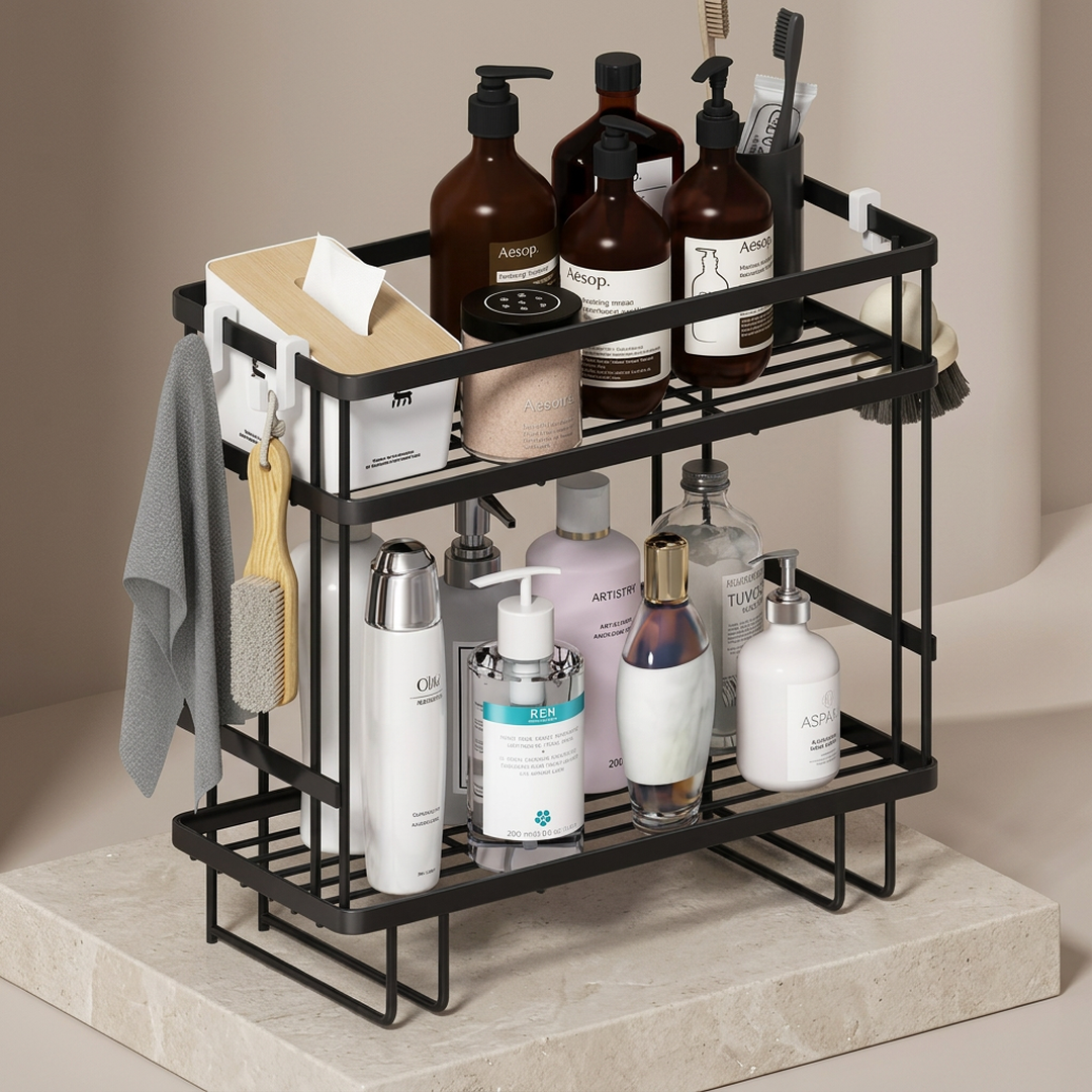 Premium 2-Tier Stainless Steel Bathroom Organizer Shelf – Multi-Purpose Storage Rack (Black)