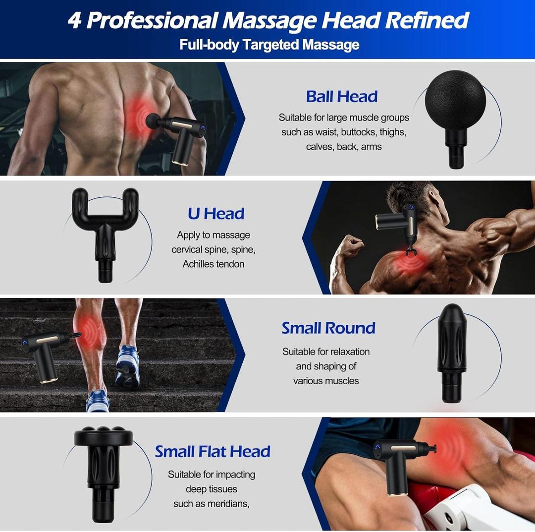 Portable Deep Tissue Massage Gun – Rechargeable Muscle Massager with 4 Interchangeable Heads